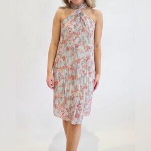 RD Style Halter Pleated Floral Midi Dress in Pastel Pink